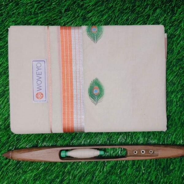 Mural Print Cream Dhoti - Copper+ Silver Zari with Leaf
