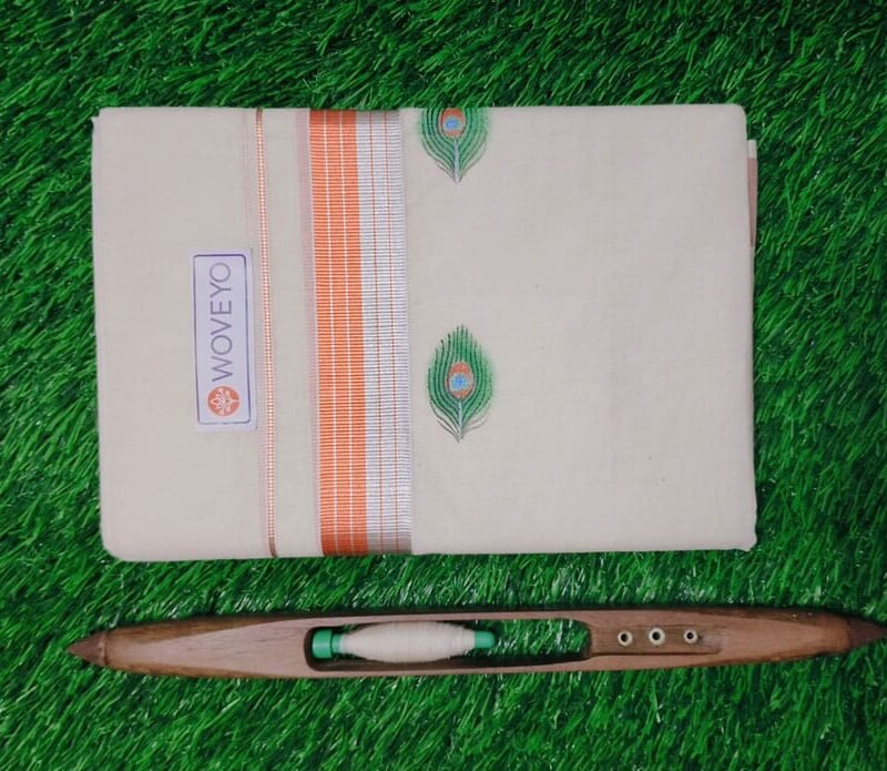Mural Print Cream Dhoti - Copper+ Silver Zari with Leaf