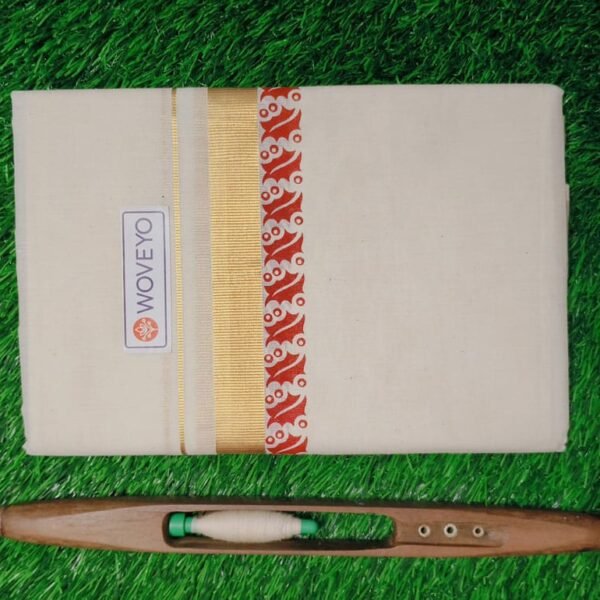Mural Print Cream Dhoti - Gold Zari with Sangu Design