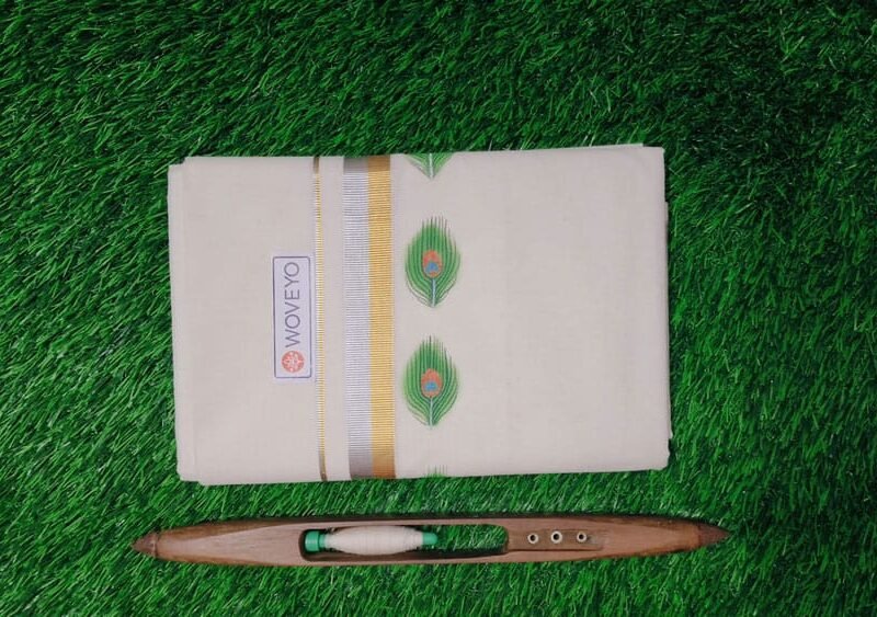Mural Print Cream Dhoti - Gold + Silver Zari with Leaf