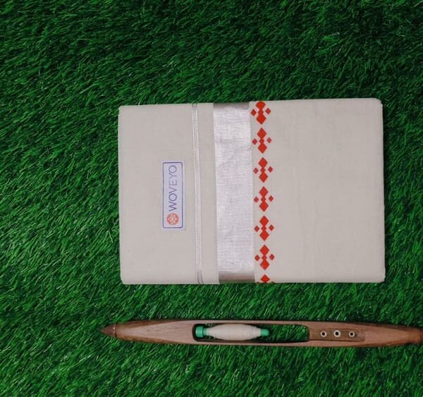Mural Print Cream Dhoti - Silver Zari with Red dots