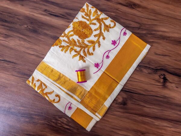 Floral Embroidered Kerala Saree - Image 2