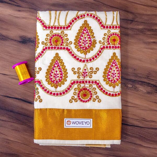 Pink and Gold Kerala Embroidery Saree