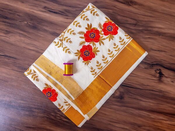 Floral Embroidered Kerala Saree - Image 2