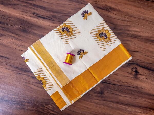 Floral Embroidered Kerala Saree - Image 2