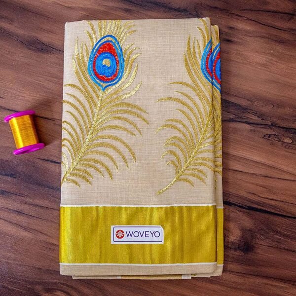 Peacock Feather Embroidered Kerala Saree