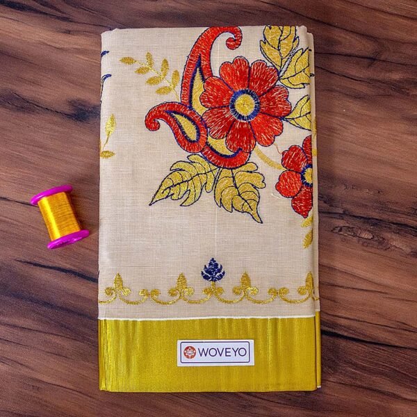 Floral Tissue Embroidered Kerala Saree