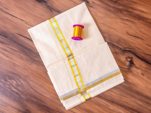 Mixed Zari Kerala Cream Dhoti - Image 2