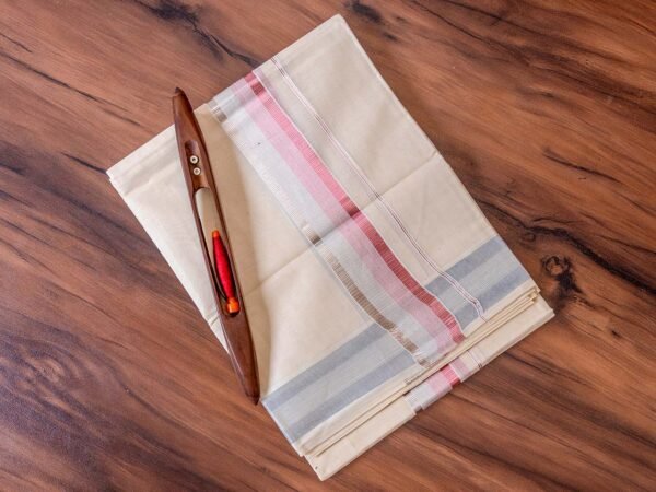 Rose Gold & Silver Zari Mix Kerala Cream Dhoti - Image 2