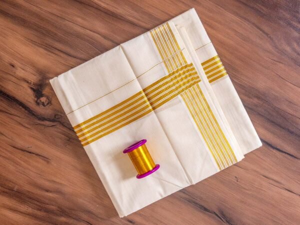 Kerala Cream Dhoti with Striped Golden Zari - Image 2