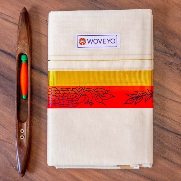 Golden Zari Kerala Cream Dhoti with Sticker