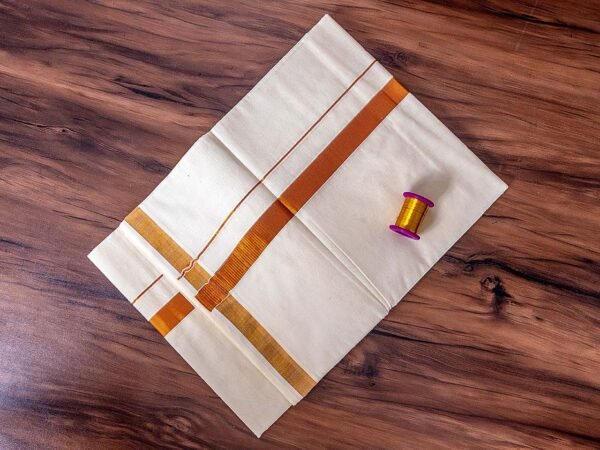 1" Golden Zari Kerala Cotton Saree - Image 2