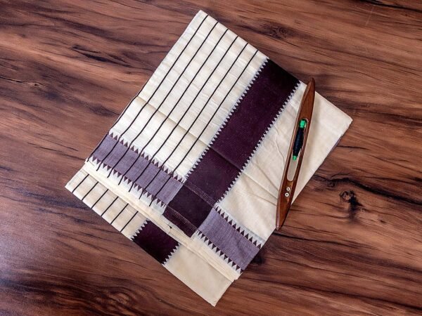 Coffee Brown Zari Kerala Cotton Saree with one side stripes - Image 2