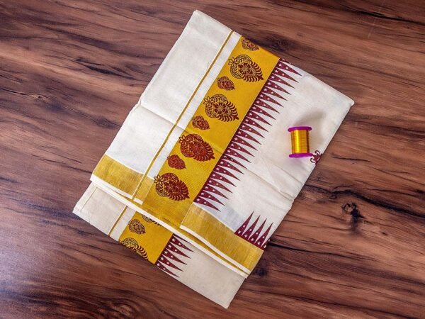 Temple Design Mural Print Kerala Cotton Saree - Image 2