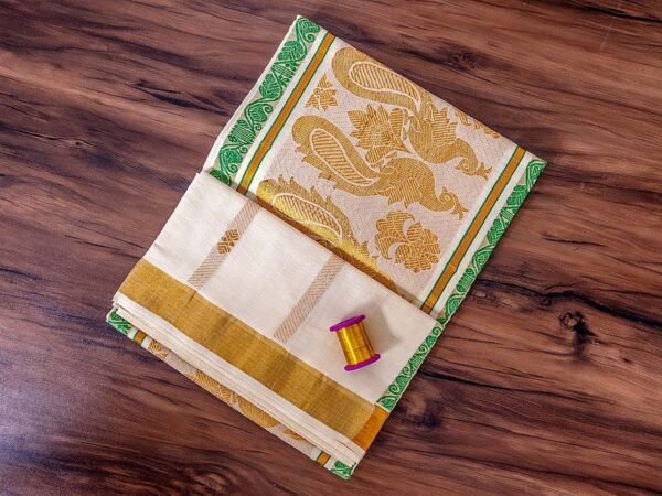 Peacock Design Jacquard Loom Kerala Cotton Saree - Image 2