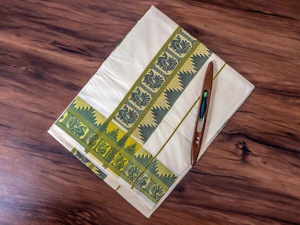 Peacock Temple Design Jacquard Loom Kerala Cotton Saree - Image 2