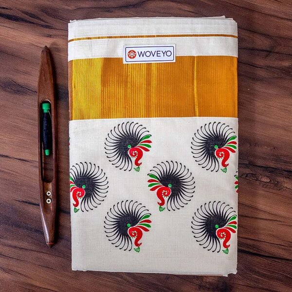 Peacock Mural Print Kerala Cotton Saree