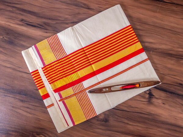 Brick Red & Golden Zari Mix Kerala Cotton Saree - Image 2