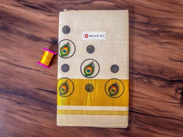 Polka Dot Kerala Tissue Saree with Peacock Leaf Print