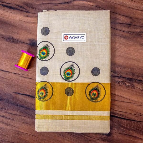 Polka Dot Kerala Tissue Saree with Peacock Leaf Print