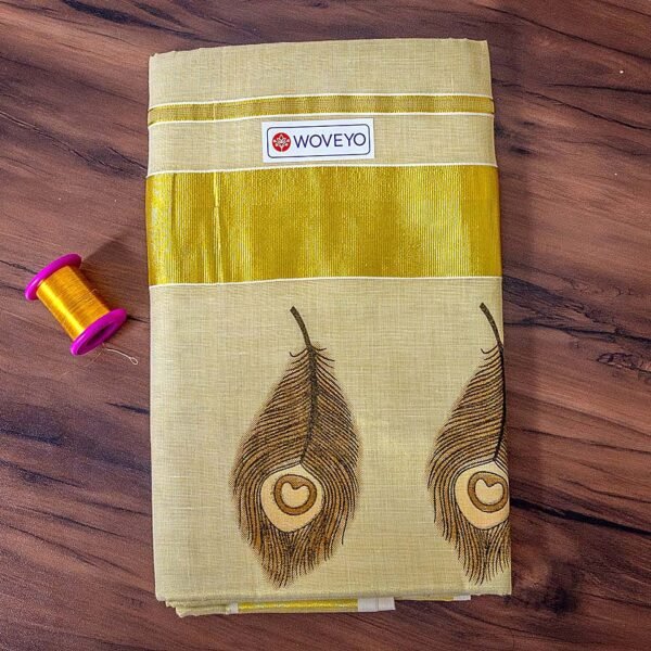 Peacock Leaf Mural Print Kerala Tissue Saree
