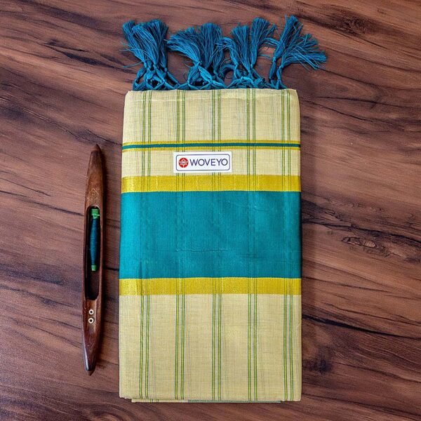 Jade Green Kattikara & Golden Zari Mix Kerala Tissue Saree with Tassels and Stripes