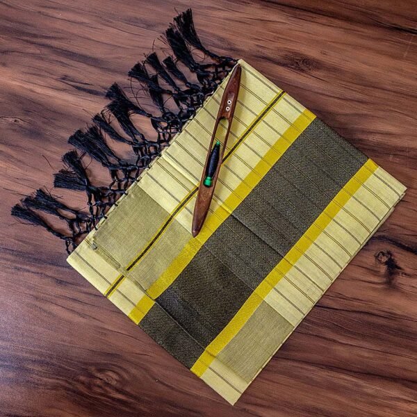 Black Kattikara & Golden Zari Mix Kerala Tissue Saree with Tassels and Stripes