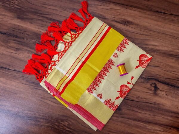 Banyan Leaf Mural Print Kerala Tissue Saree with Tassels - Image 2