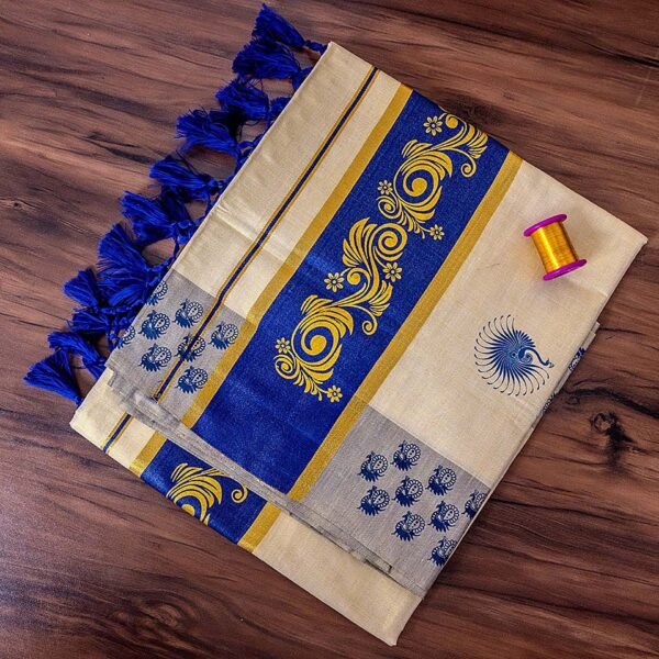 Peacock Floral Print Kerala Tissue Saree with Tassels