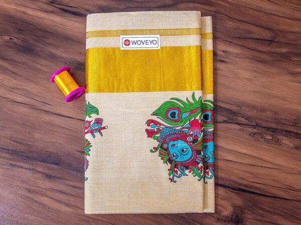 Krishna with Peacock Leaf Mural Print Kerala Tissue Saree