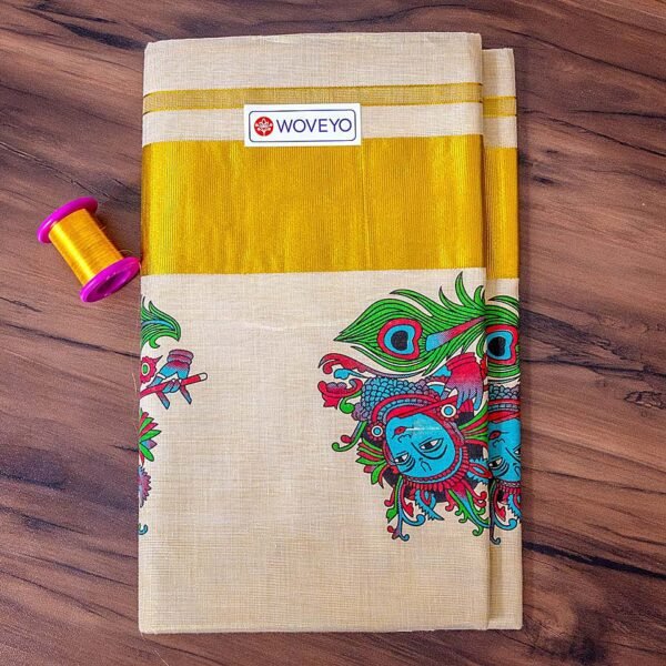 Krishna with Peacock Leaf Mural Print Kerala Tissue Saree