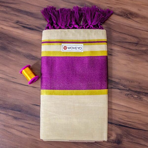 Violet Kattikara & Golden Zari Mix Kerala Tissue Saree with Tassels