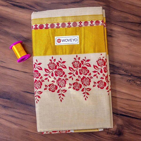 Red Rose Mural Print Kerala Tissue Saree