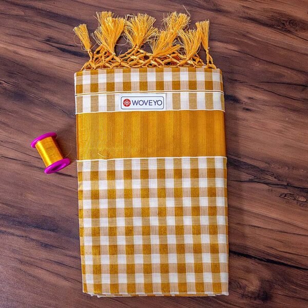 Kerala Kasavu Cotton Saree with Blocks and Tassels