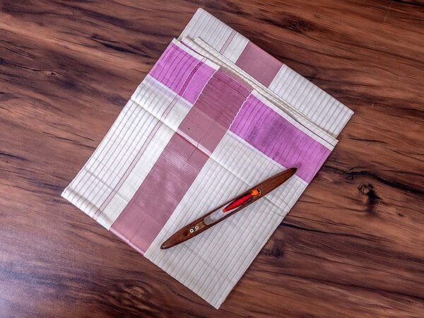 Rose Gold Zari Kerala Cotton Saree with Stripes - Image 2