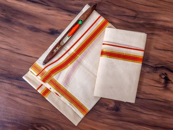 Premium Kerala Cotton Set Mundu with Micro Check Border - Image 2