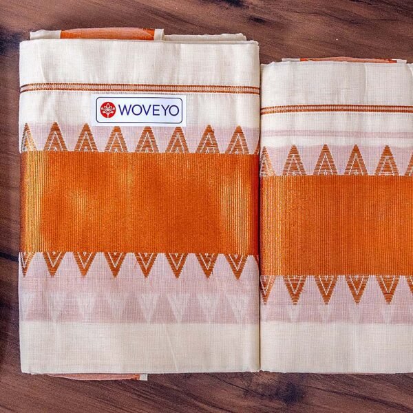 Copper Zari Kerala Cotton Set Mundu with Temple Design