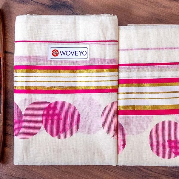 Mural Print Kerala Cotton Set Mundu with Mixed Zari Border