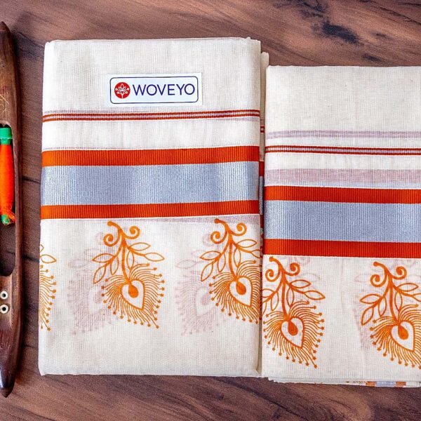 Silver Zari Mural Print Kerala Cotton Set Mundu
