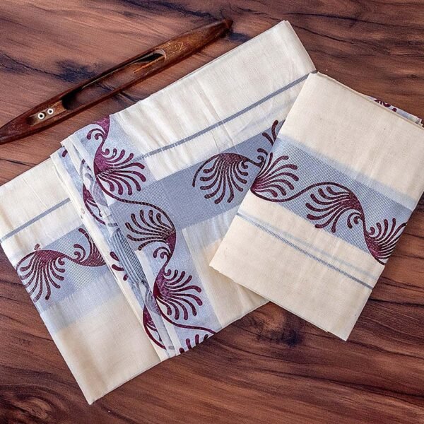 Silver Zari Mural Print Kerala Cotton Set Mundu
