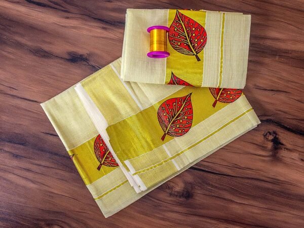 Banyan Leaf Mural Print Kerala Tissue Set Mundu - Image 2