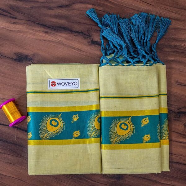 Peacock Leaf Mural Print Kerala Tissue Set Mundu with Tassels