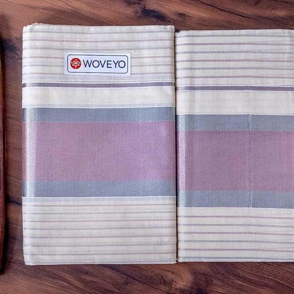 Premium Rose Gold Zari Kerala Cotton Set Mundu with Stripes