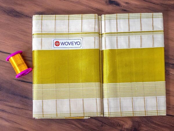 Premium Golden Zari Kerala Cotton Set Mundu with Stripes