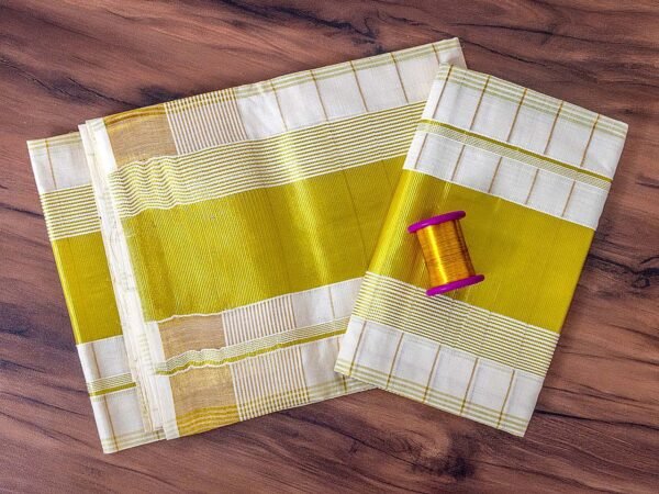Premium Golden Zari Kerala Cotton Set Mundu with Stripes - Image 2