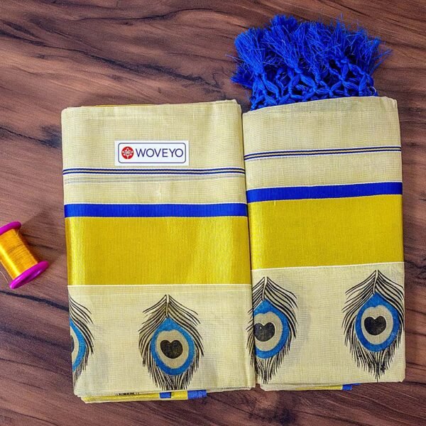 Peacock Leaf Hand Print Kerala Tissue Set Mundu
