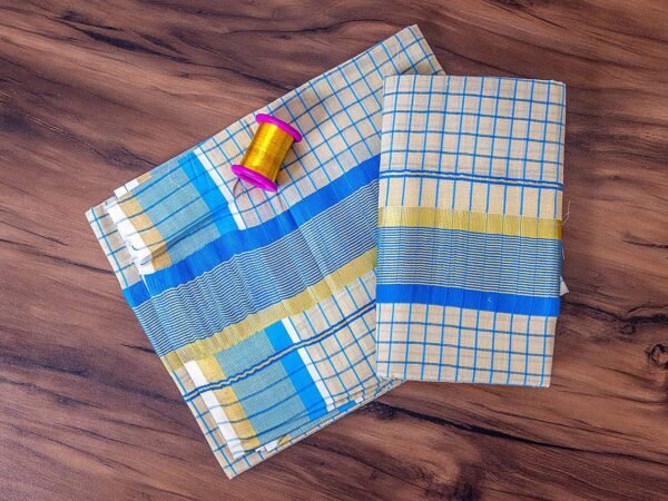 Mixed Zari Kerala Tissue Set Mundu with Blocks - Image 2