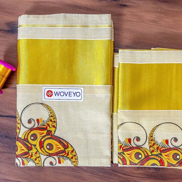 Floral Hand-print Kerala Tissue Set Mundu