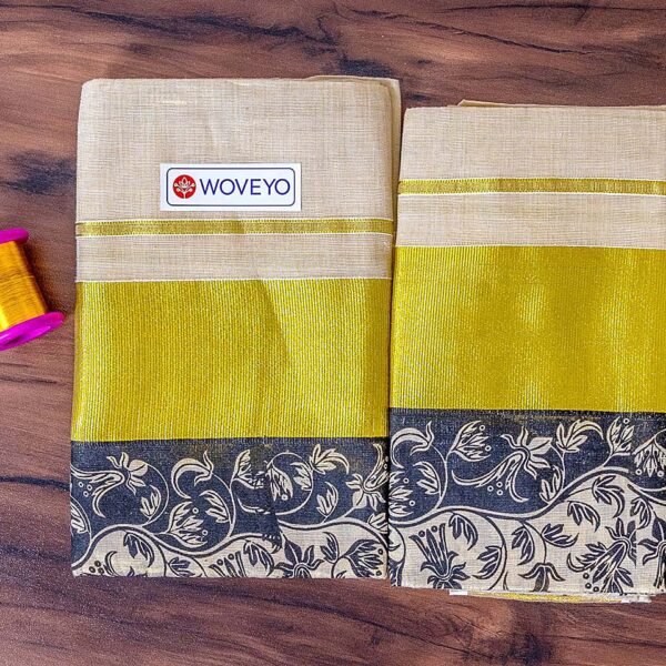 Floral Design Mural Print Kerala Tissue Set Mundu