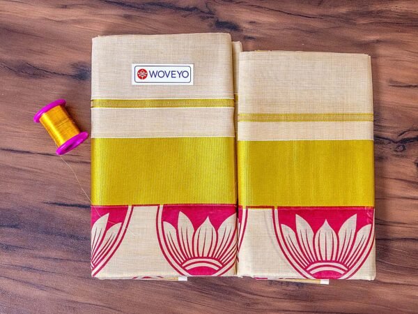 Lotus Design Mural Print Kerala Tissue Set Mundu